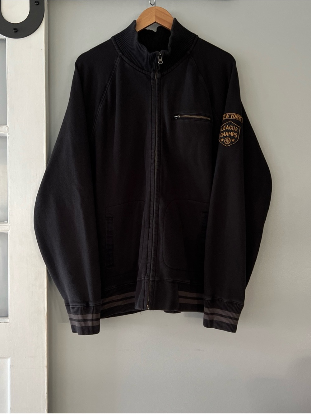 Y2K Lucky Brand Full Zip Sweatshirt Black New York Basketball Baseball Heavy 2XL